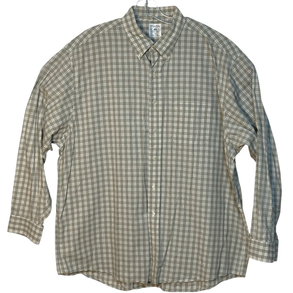 Brooks Brothers Sport Shirt Plaid Button Up‎ Long Sleeve All Cotton Green Tan XL